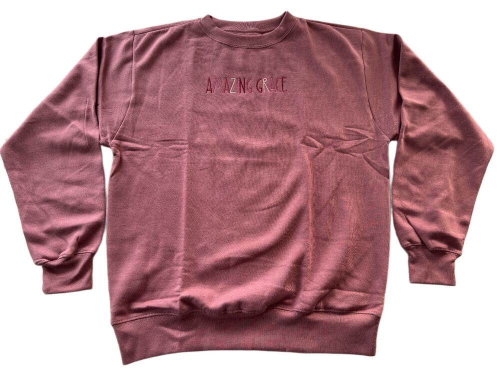 Love in Faith Amazing Grace Embroidered Crewneck Sweatshirt Heather Mauve Large